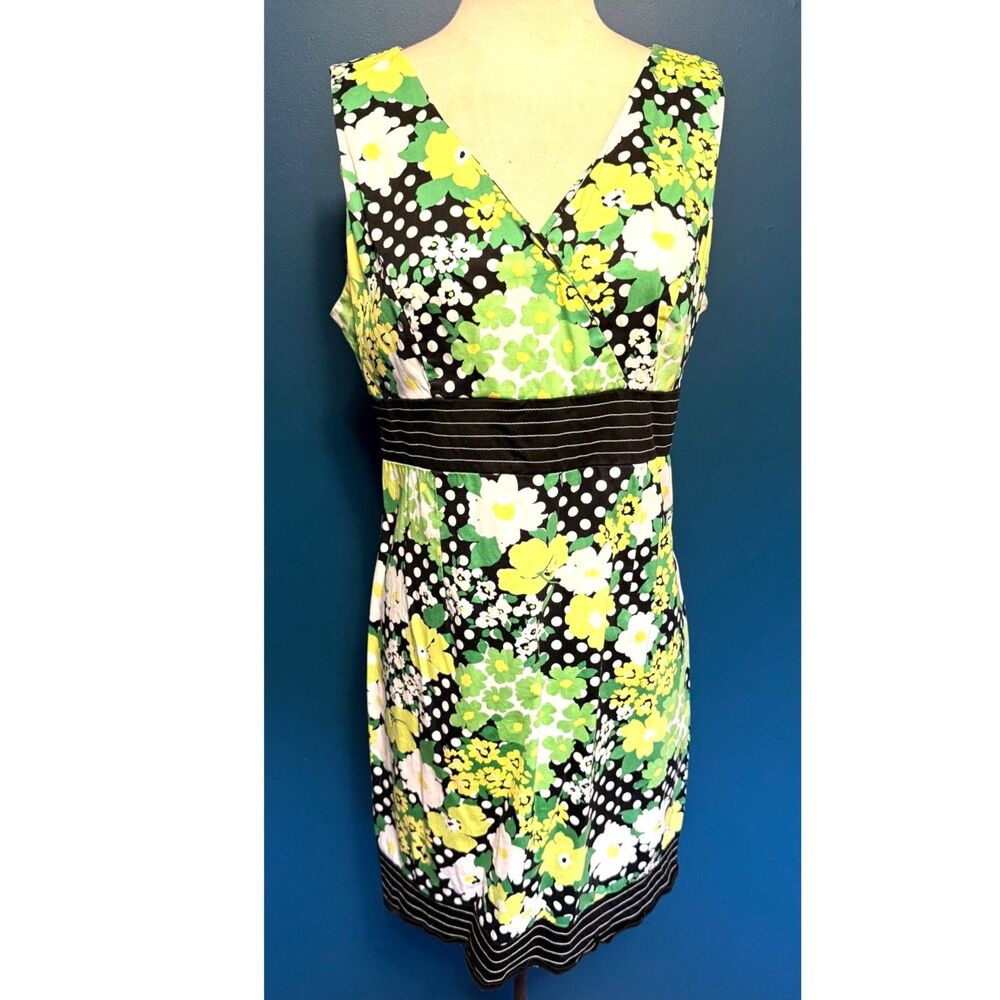 Vintage dBy Ltd Dress Womens Med Green Yellow Graphic Empire Waist